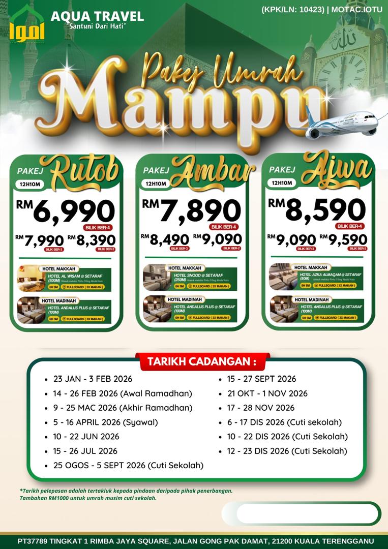 Pakej Lengkap Umrah Aqua Travel 2026/2027