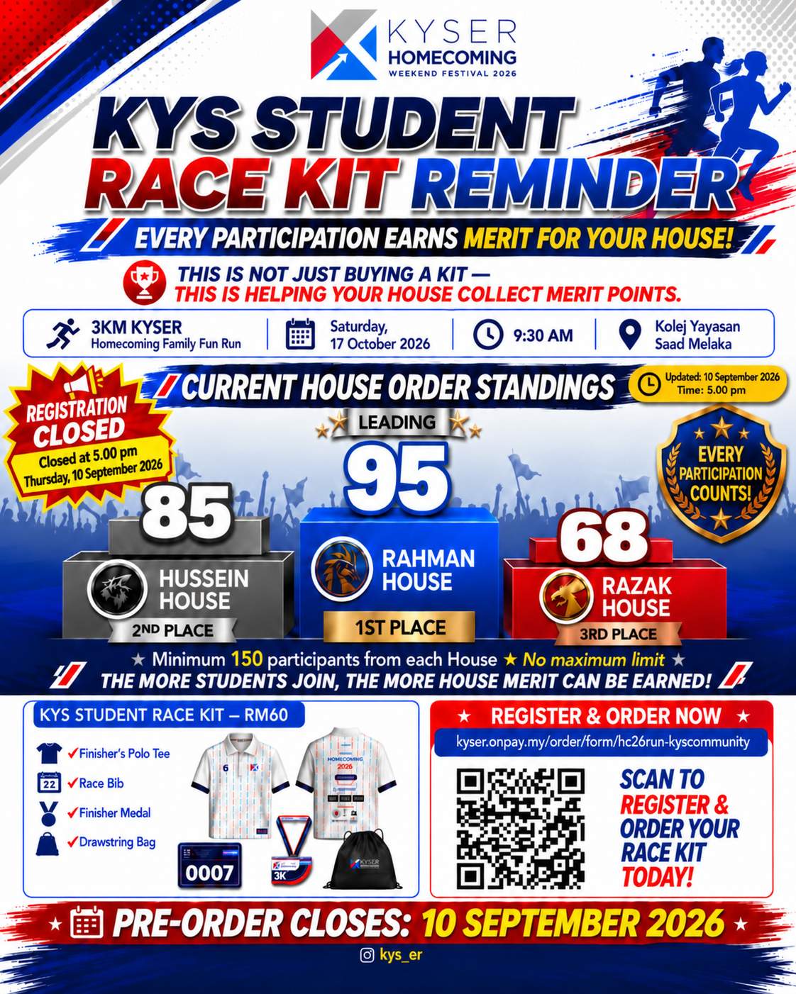 KYS Student Race Kit Reminder — Current live House standings updated at 3:00 PM on 8 September 2026: Rahman House leads with 82 participants, followed by Razak House with 55 and Hussein House with 43. Pre-order closes 10 September 2026.