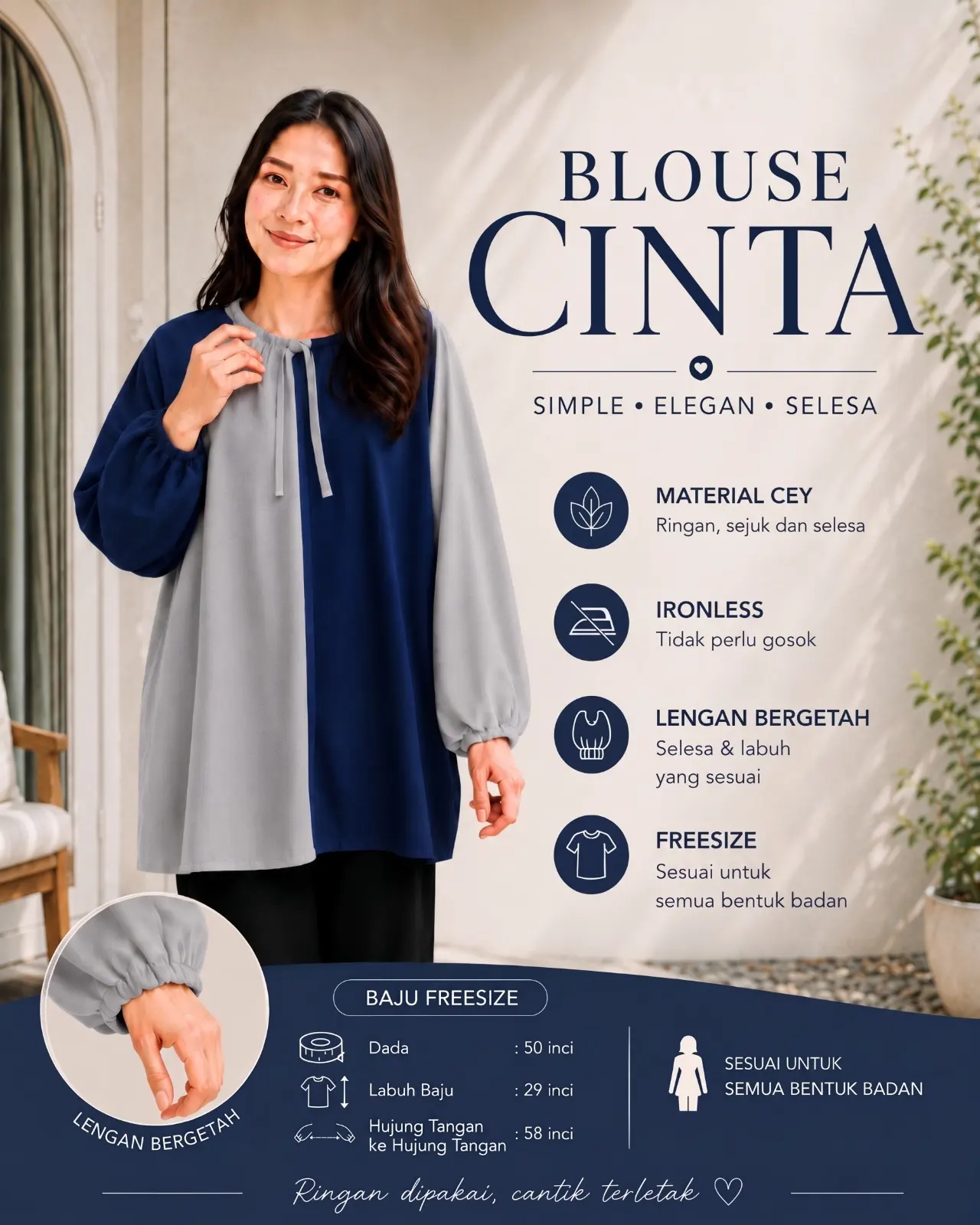 Blouse Cinta Dual Tone — material Cey, ironless, lengan bergetah