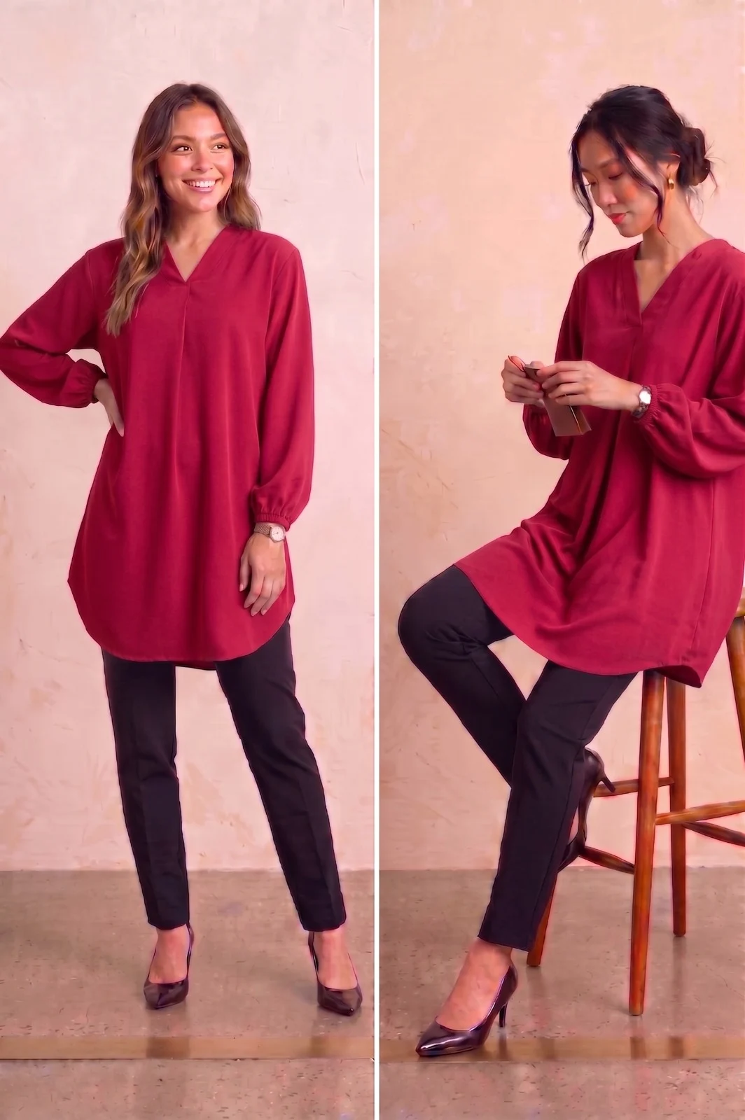 Tunik Maroon V-Neck — potongan loose dan labuh