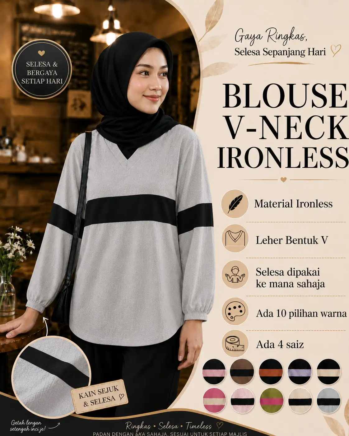 Blouse V-Neck Ironless — material ironless, leher V, lengan bergetah