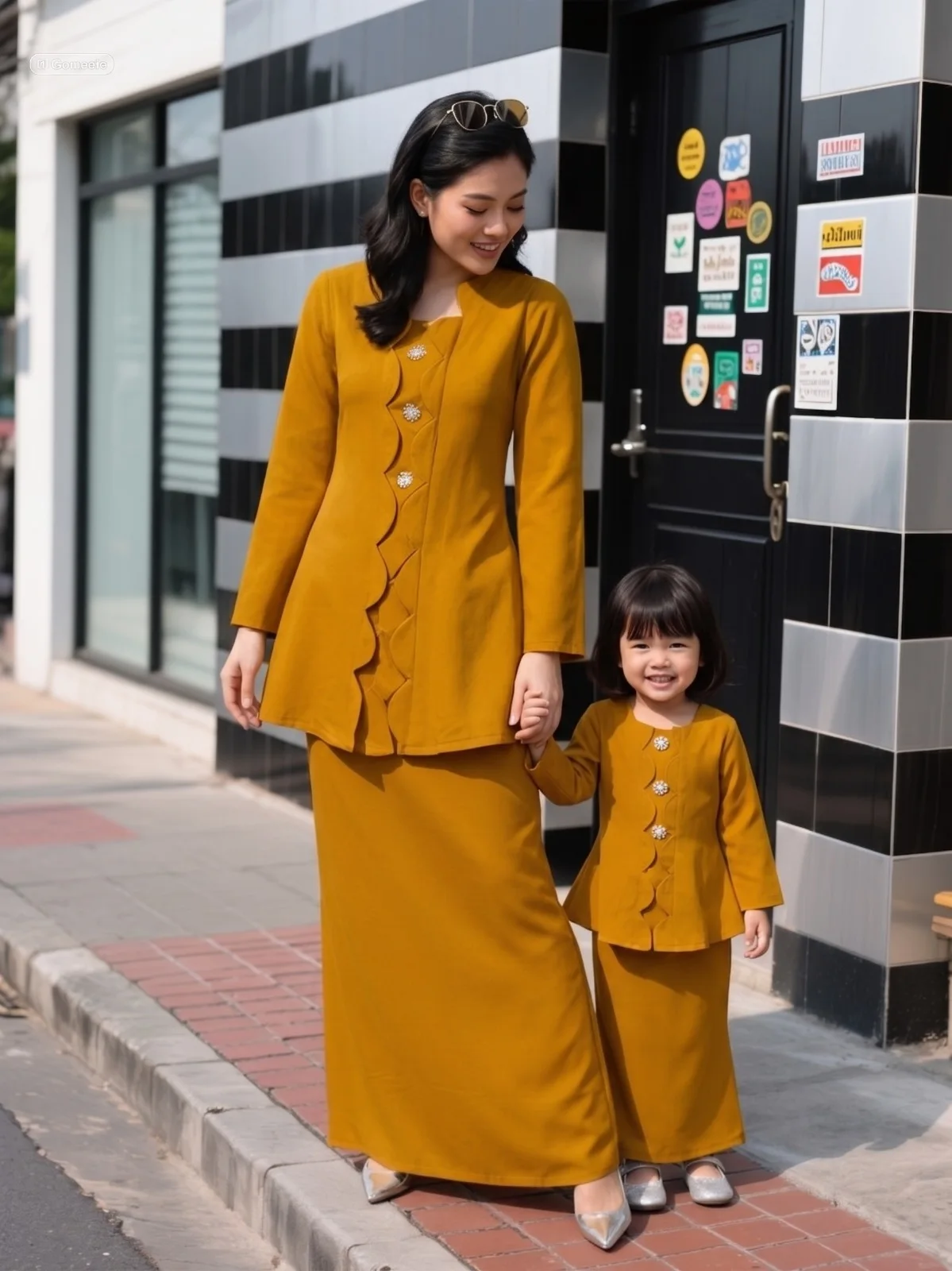 Set Kebaya Moden Ibu dan Anak warna Mustard — rekaan ruffles, labuh