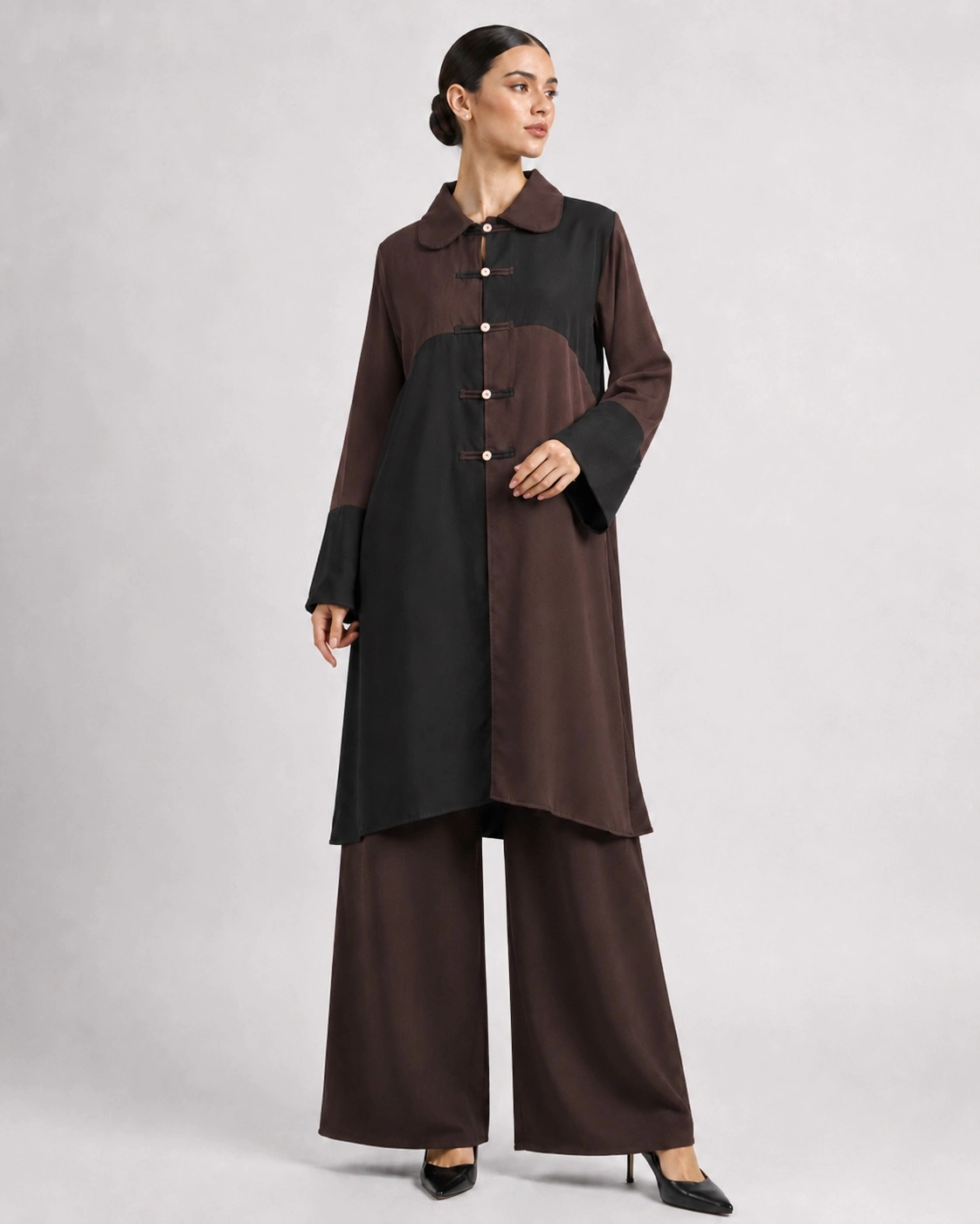 Set Tunik dan Seluar Black Brown Colorblock