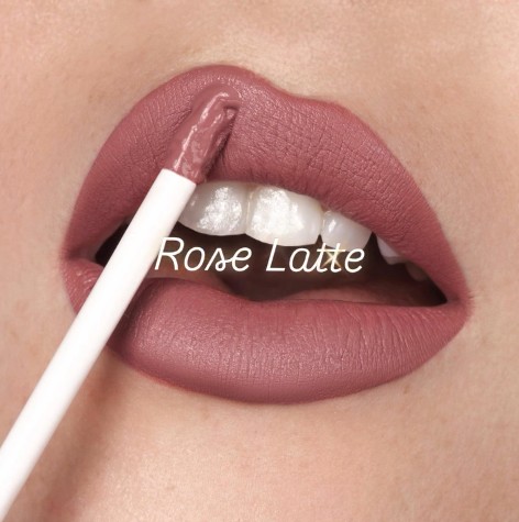 Sierra Rae Rose Latte — a soft rose-nude shade swatched on lips