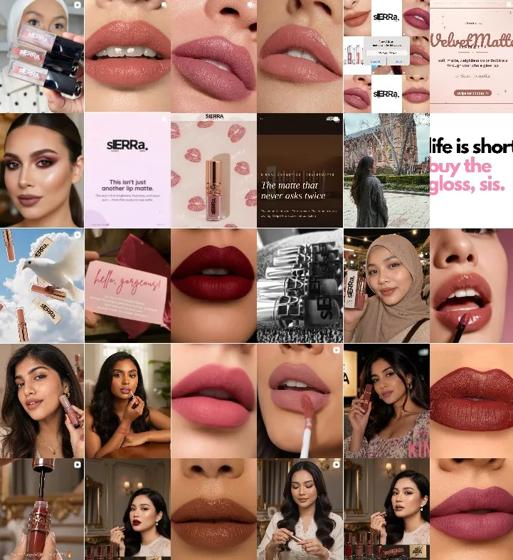 Sierra Rae community wall — real customers wearing Peach Orange Nude, Mauve Pink, Salmon Pink and Cherry Velvet under raw lighting