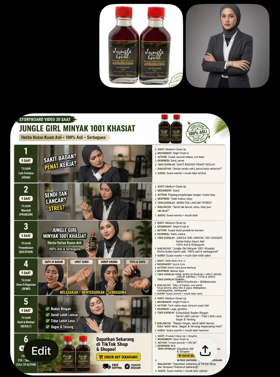 Contoh upload gambar produk dan hasil visual storyboard