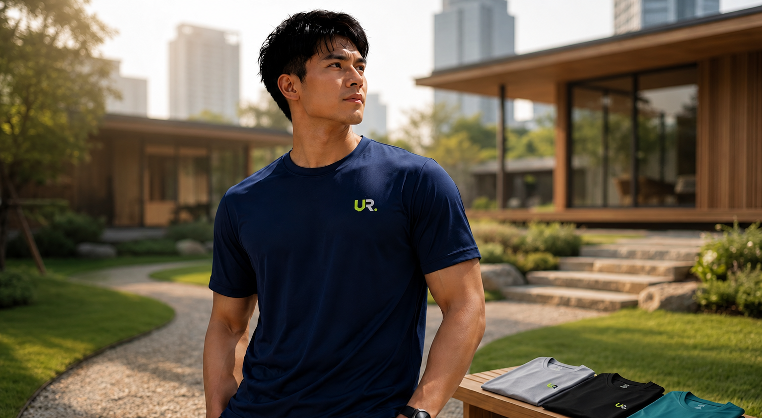 Malaysian male model wearing URNICE essential wear in modern urban architecture daylight