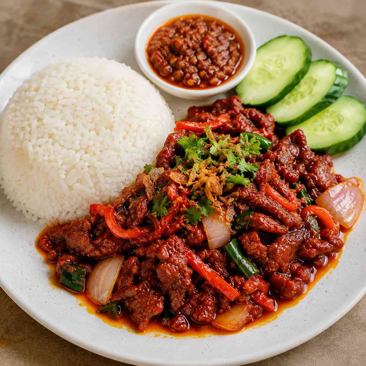 Nasi Putih + Daging Masak Merah