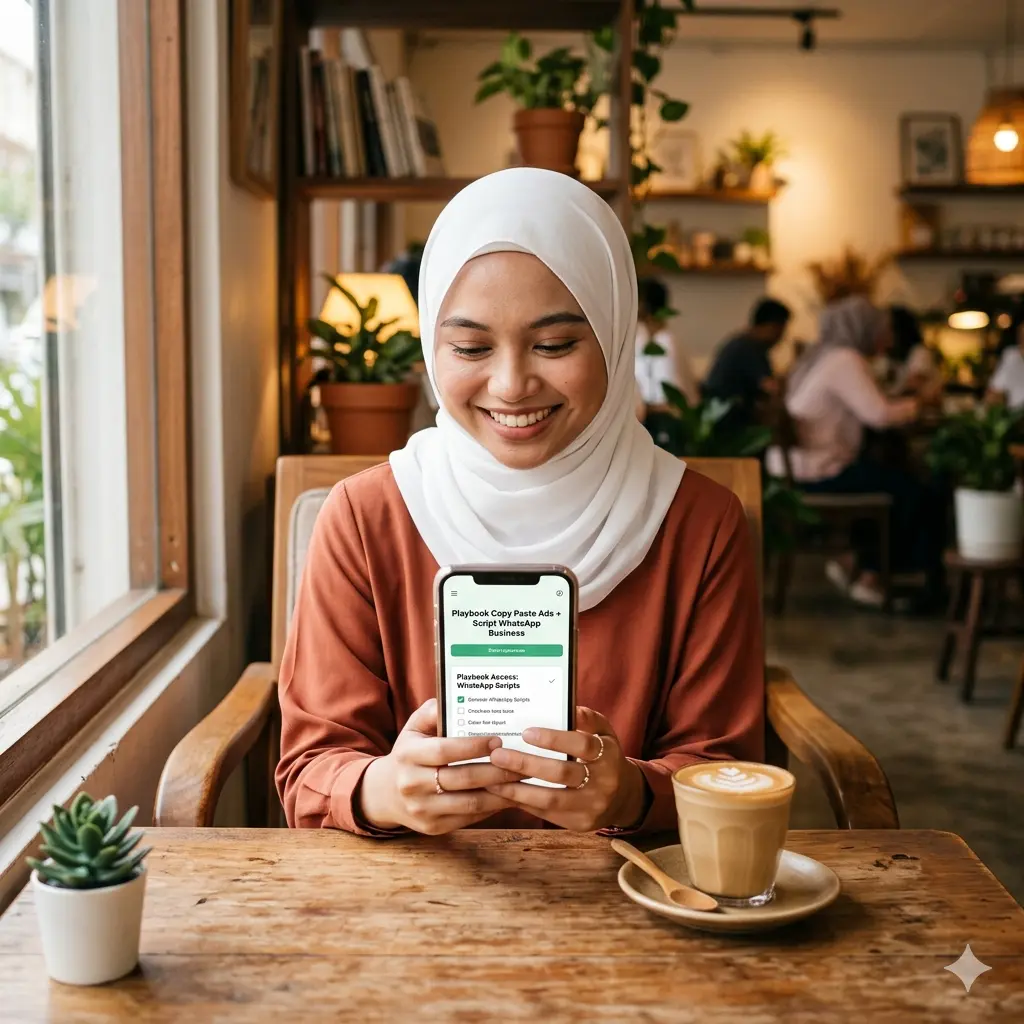 Wanita Melayu Muslim memakai hijab putih sedang tersenyum di kafe sambil melihat telefon selepas membeli Playbook Copy Paste Ads dan Script WhatsApp Business