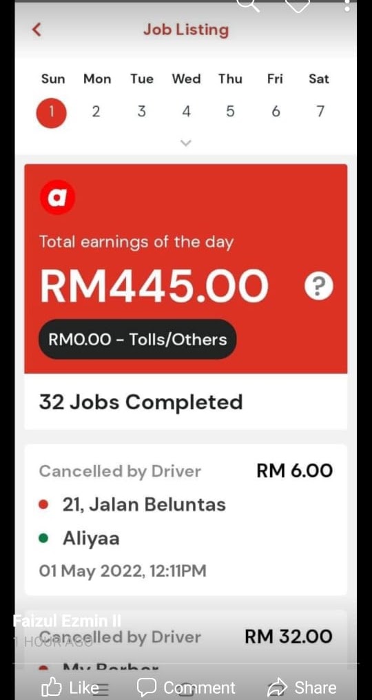 Bukti Pendapatan Pemandu AirAsia Ride 5