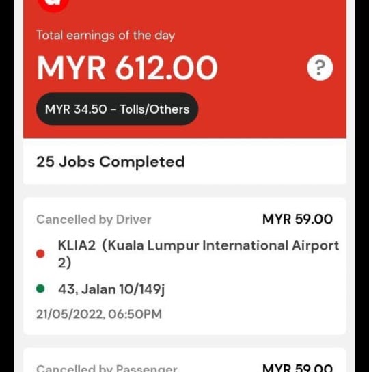 Bukti Pendapatan Pemandu AirAsia Ride 2
