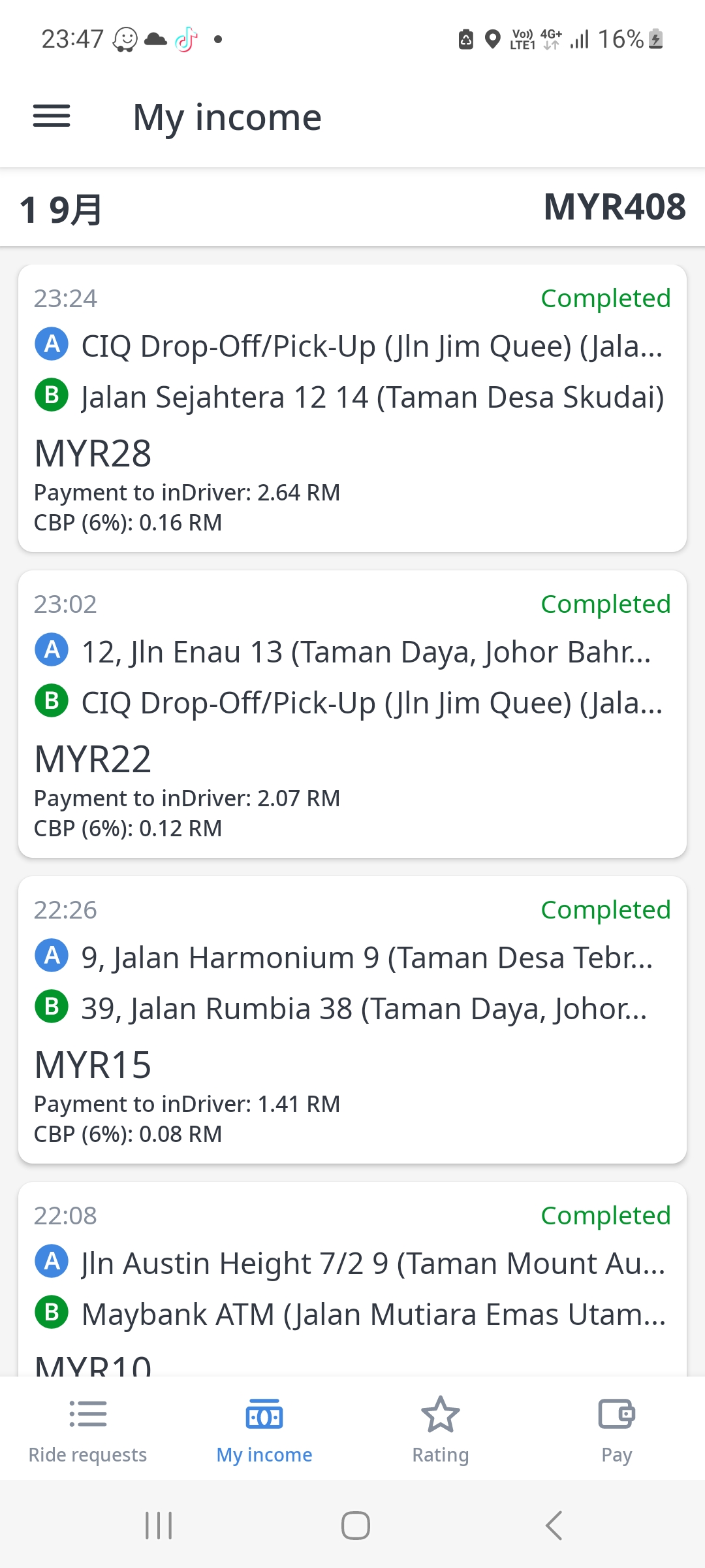 Pendapatan InDrive Johor RM408