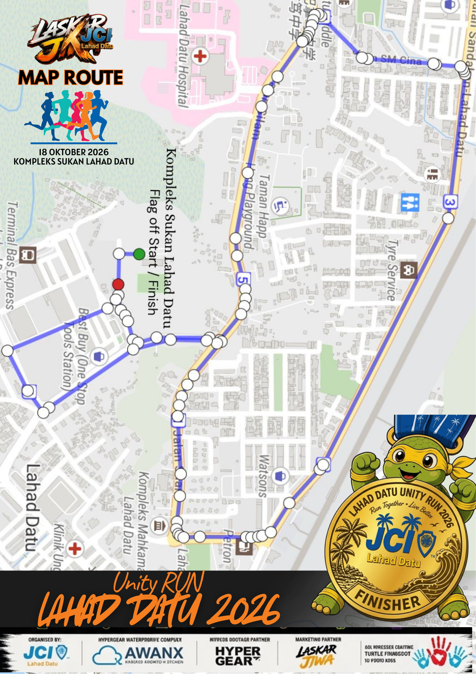 Peta Laluan Larian 6KM Lahad Datu Unity Run 2026