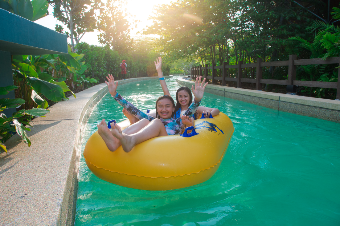 Friends floating along the lazy river