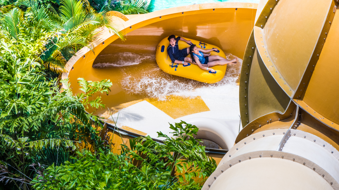 Guests riding a bowl slide